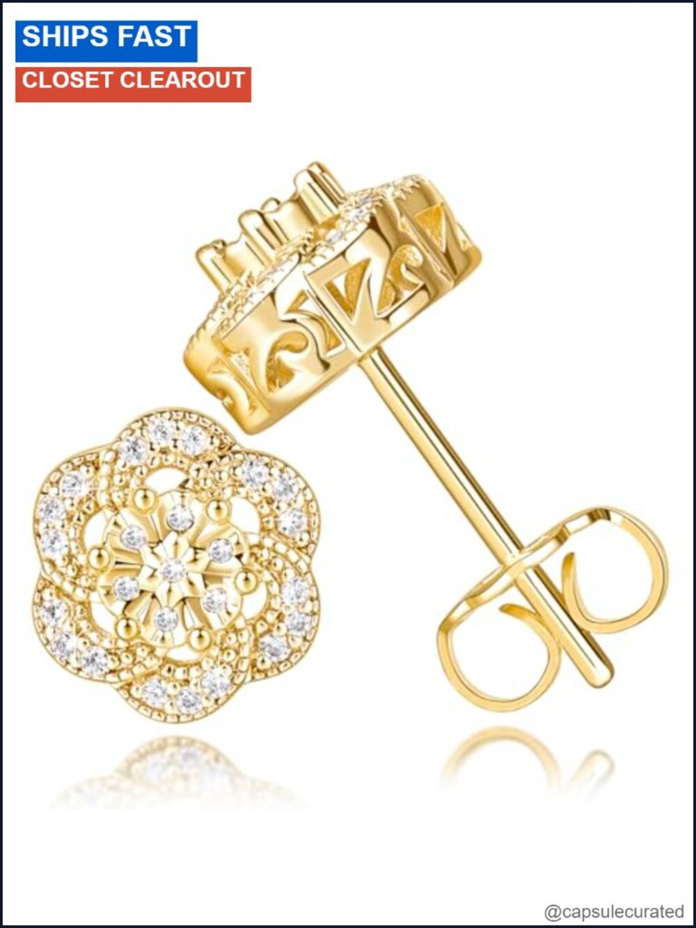 14k Gold Plated Flower Cubic Zirconia Stud Earrings